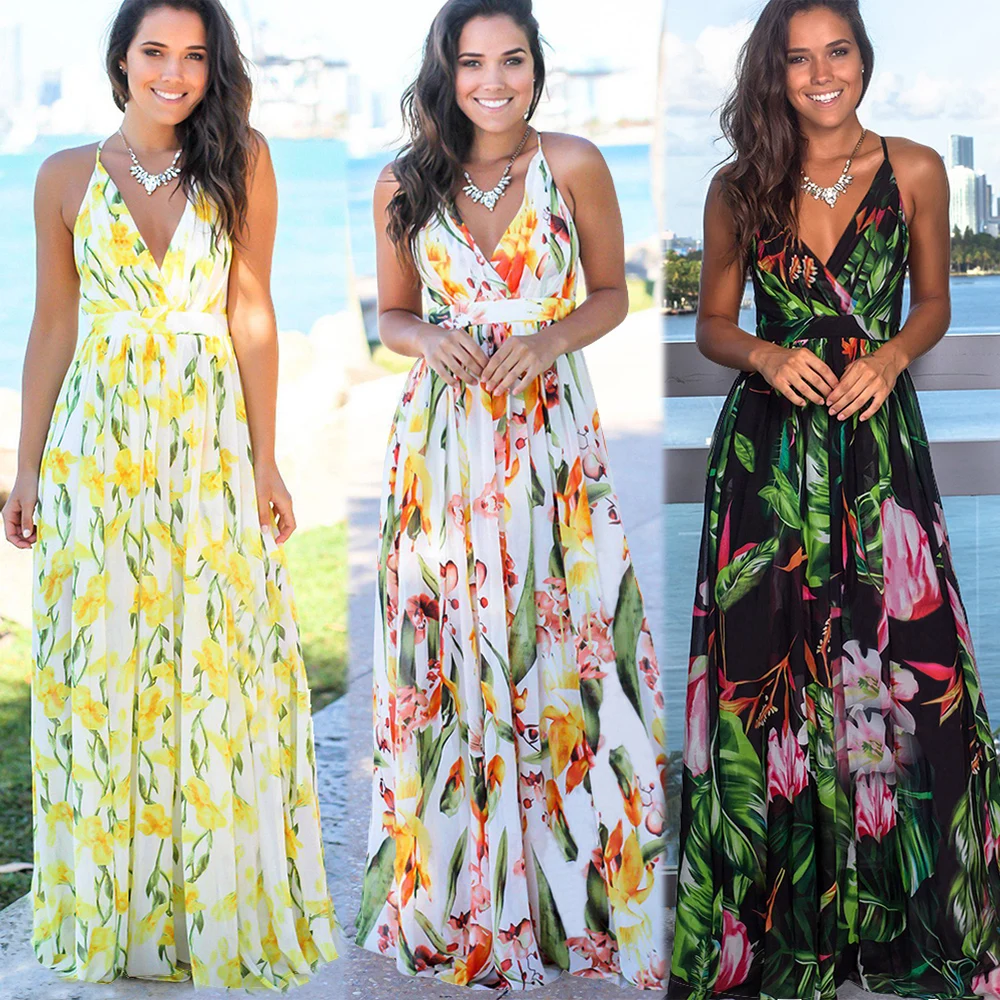 

YF Summer fashion women dress Ribbon printed beach maxi dress sexy dress