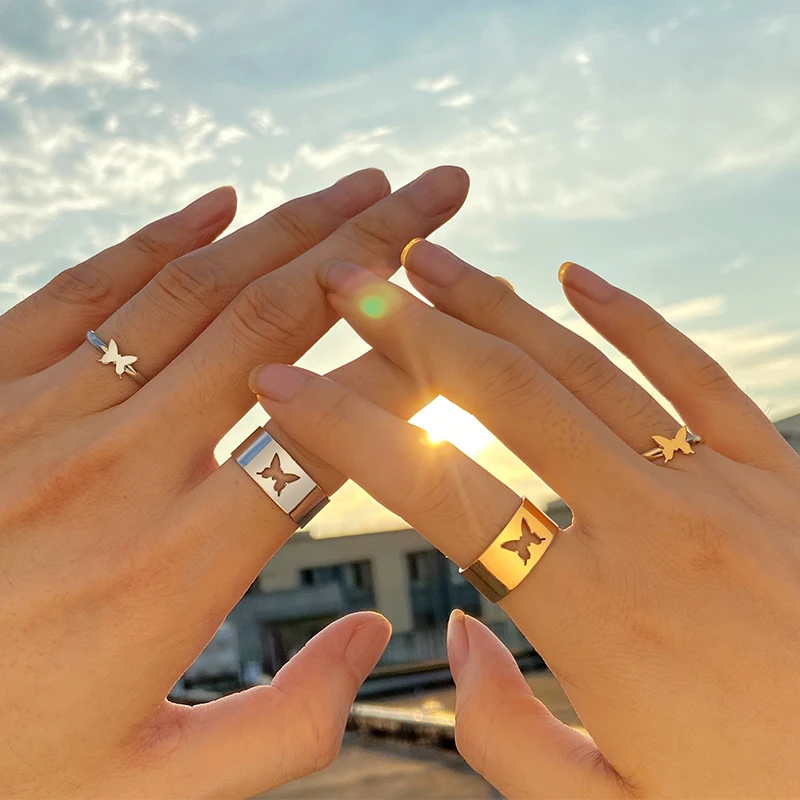

Creative Silver Color Key Shape Rings For Couple Women Men Adjustable Gold Butterfly Rings Set Wedding Friendship Jewelry