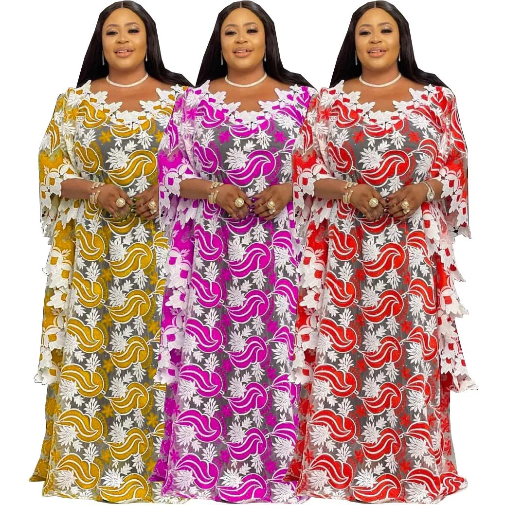 

Fashion African plus size loose bat shirt women's color water soluble lace V-neck robe dress, Shown
