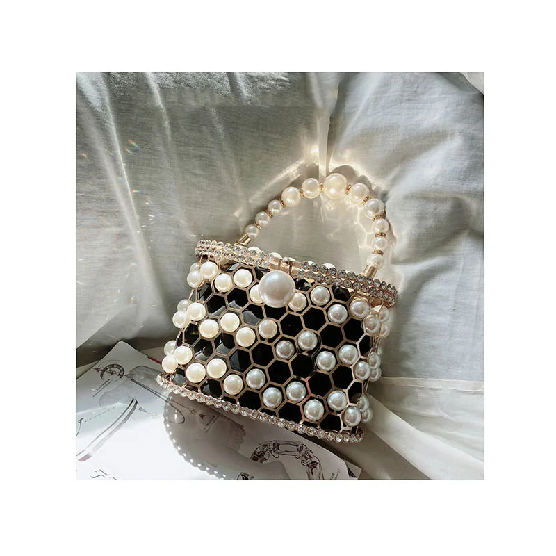 

Pearls Basket Evening Clutch Bags Women Luxury Hollow Out Rhinestone Beaded Metallic Cage Handbags Ladies Wedding Party Purse