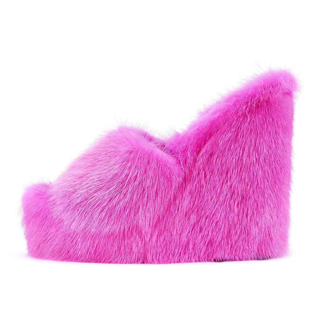 

Womens Slip On Open Toe Fur Mules Fluffy High Heels Pink Mink Platform Wedges Sandals, Pink, coral, yellow, black, leopard, blue, dark blue, orange, green