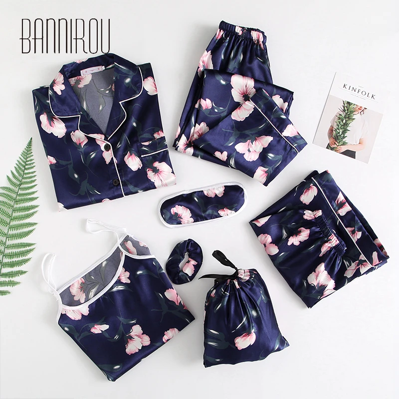 

7 pieces silk women pajamas printing female sleepwear for woman high quality M-XL