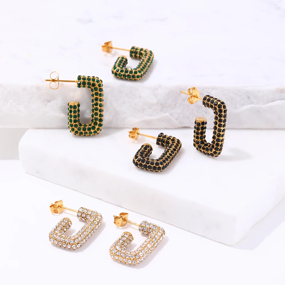 

Trendy Earring Bling 18K Gold Plated Tarnish Free Micro CZ Pave Gemstone Rectangle Luxury Hoop Earrings Fashion Jewelry