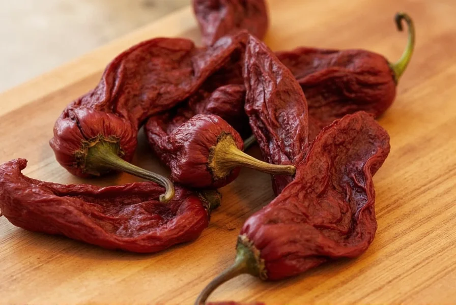 Close-up photograph of dried poblano peppers showing their characteristic wrinkled texture and deep red-brown color on a wooden cutting board