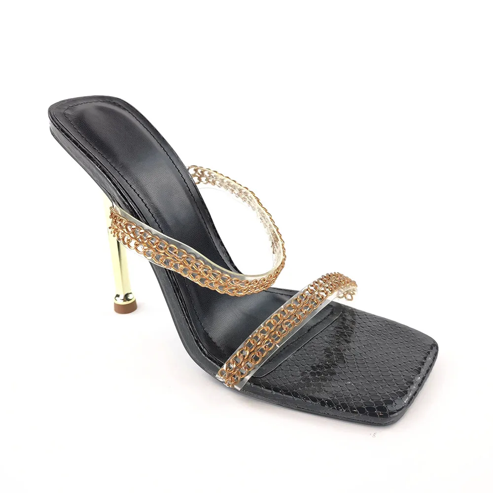 

hot sale gold chain women sandals Metal plating high heel slippers Ladies Fancy Shoes High Heel, Customized color