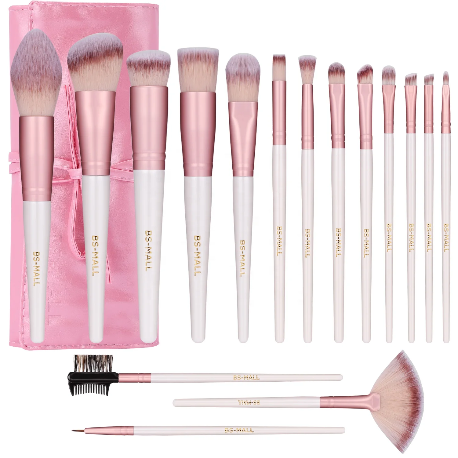 

BS-MALL Pink White Makeup brushes 16pcs China Factory Makeup Cosmetic Brushes Private Label Makeup Brush set with PU Bag, Picture or customized color