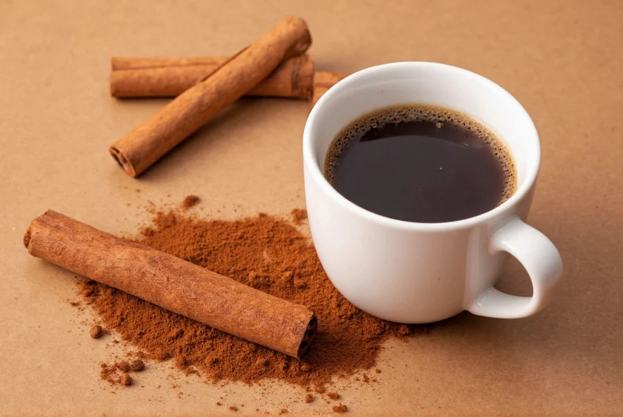 Close-up of cinnamon being sprinkled into a coffee cup showing the spice mixing with dark coffee