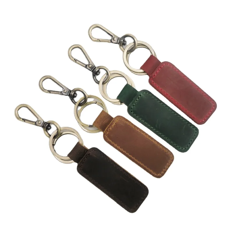 

Custom Logo crazy horse leather key ring automobile personalized engraving keychain activity small gift manual cowhide key chain