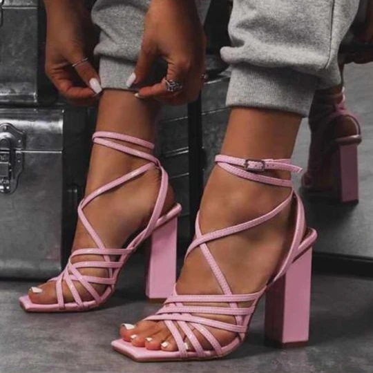 

European and American new 2021 summer square head Sexy Pink open toe High Heel Sandals Size 35-41