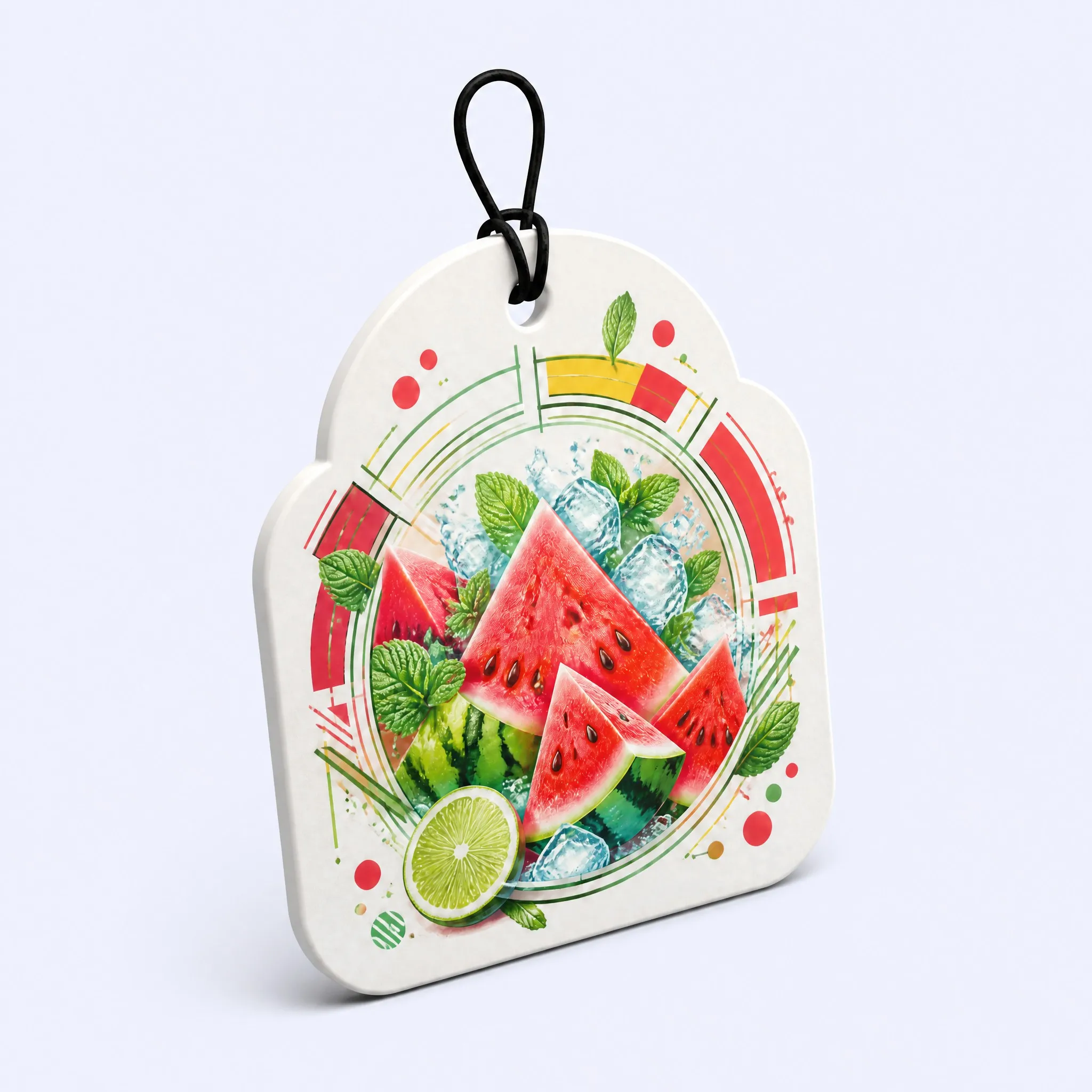 45-Degree Standing View of Arched Watermelon Lime Car Air Freshener Card