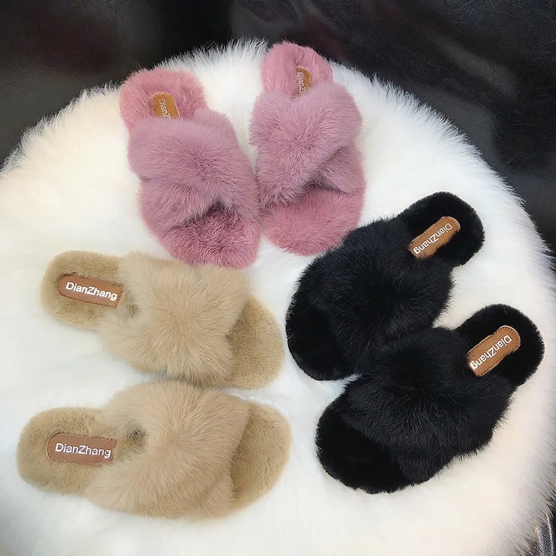 

Sandals Shoes Woman 2022 Fashion Rainbow cotton plush slippers Ladies Fluffy Slippers Winter Warm Fur Slides For Women