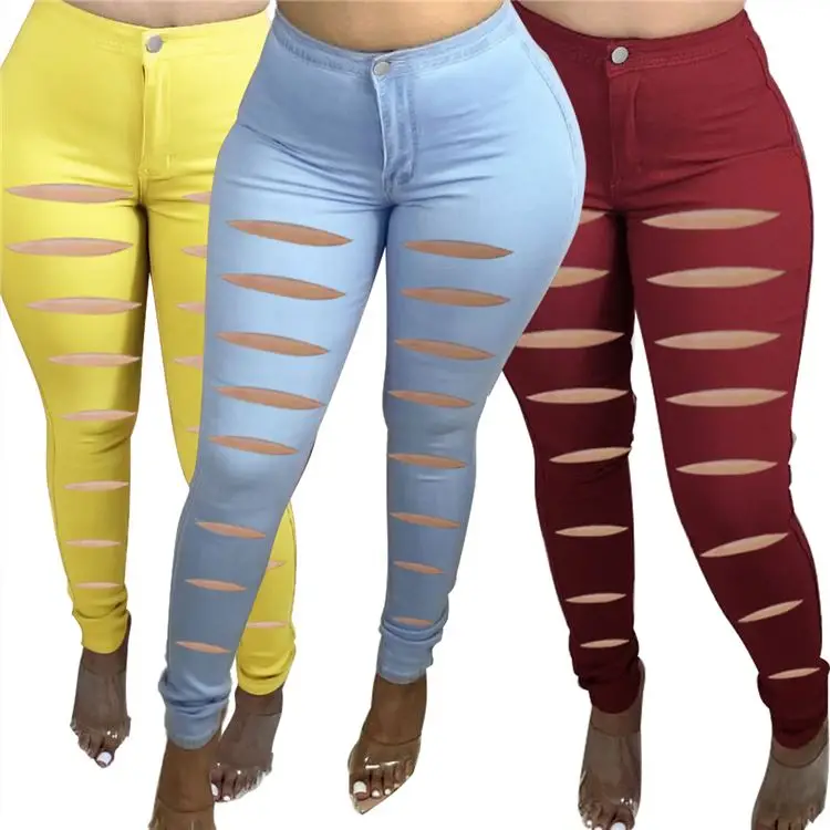 

2021 spring new fashion high waisted distressed jeans demin pants women