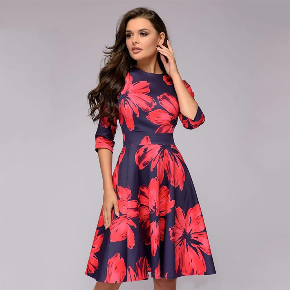 

2020 New Arrival summer collection wome o neck long sleeve floral printing ladies casual dresses