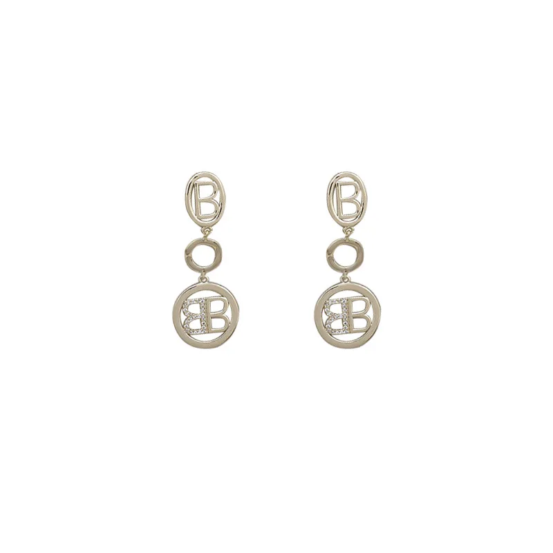 

Trendy Geometric Double Letter B Metal Circle Earring Long Pendant Rhinestone Temperament Texture Earring Women Jewelry