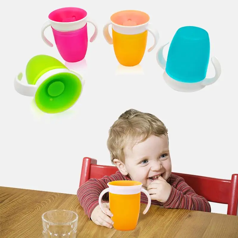 

360 Degrees Leakproof Magic Kids Water Feeding Bottle Rotated Baby Learning Drinking Plastic Cup With Double Handle Flip Lid