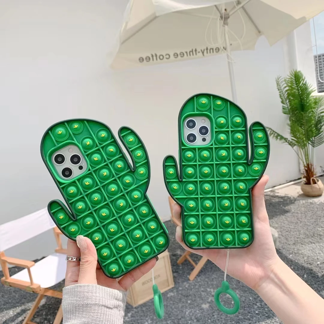 

3D Cute cartoon fidget bubble anti-falling cactus silicone bag case, Green