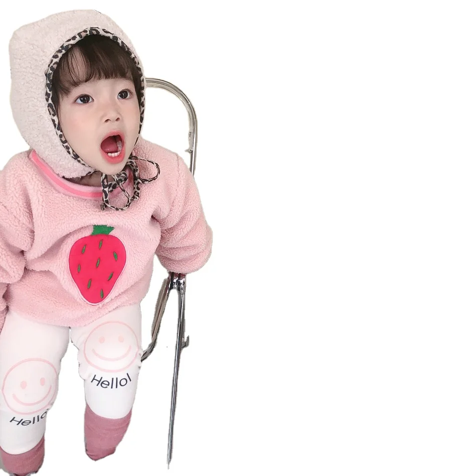 

Winter lamb cashmere sweater and velvet padded jacket Cute baby strawberry wool coat kids hoodies for wholesale, As pic shows, we can according to your request also