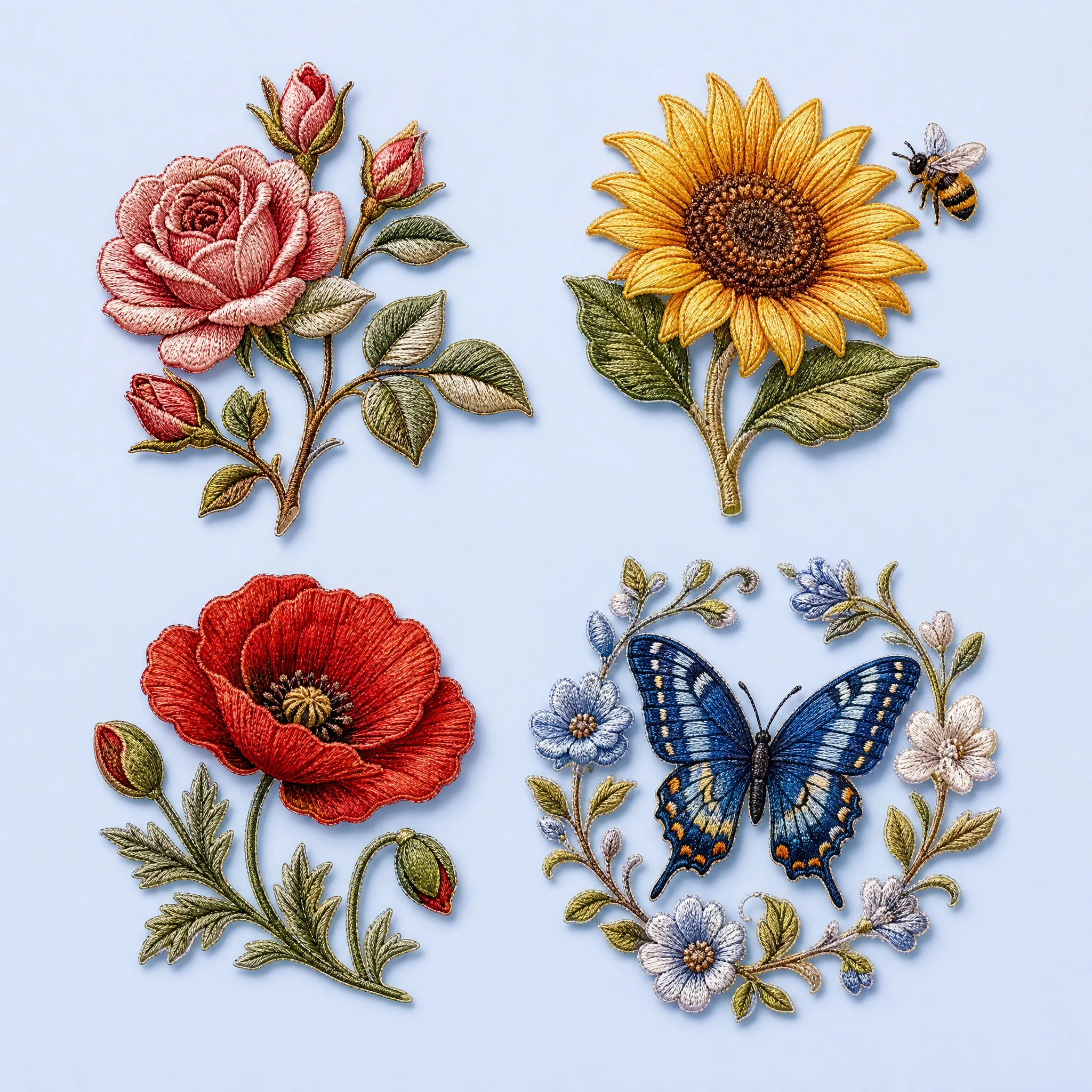 4-Piece Vintage Meadow Floral Collection: English Rose, Golden Sunflower with Bee, Red Poppy, and Blue Butterfly in Flower Wreath