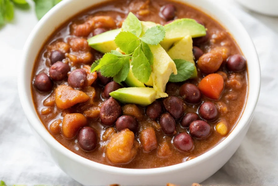 Low carb chili with black soybeans served in white bowl with avocado garnish