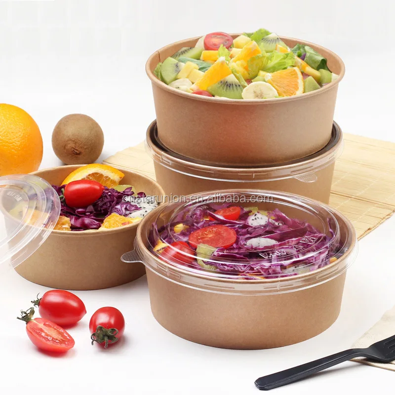 

Round bio salad food container with lid brown salad boxes for take out restaurants and cafes environmental friendly recyclable