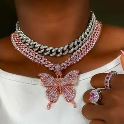 

Amazon Best Selling Chunky Chain Butterfly Pendant Necklace Iced Out Miami Cuban Chain Butterfly Necklace