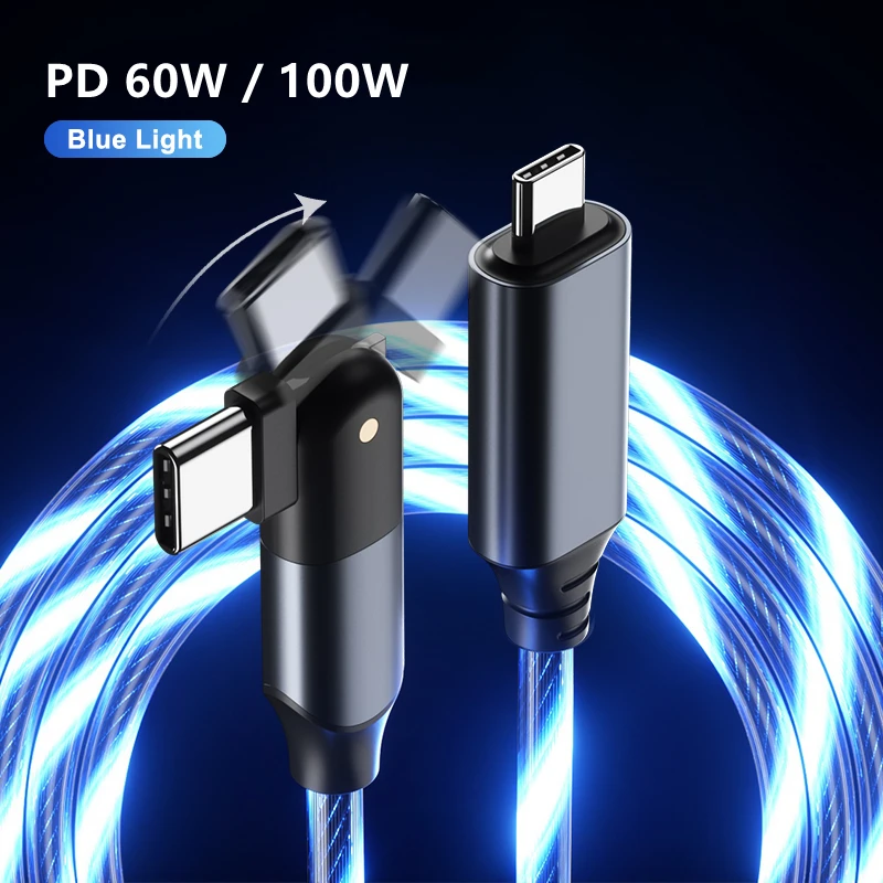 

LC2D Factory 2021 New Product 3A 60W 5A 100W PD 180 Degree Rotation LED Flowing Light USB Type C to C Quick Charging Data Cable, Blue, green,red, multi color