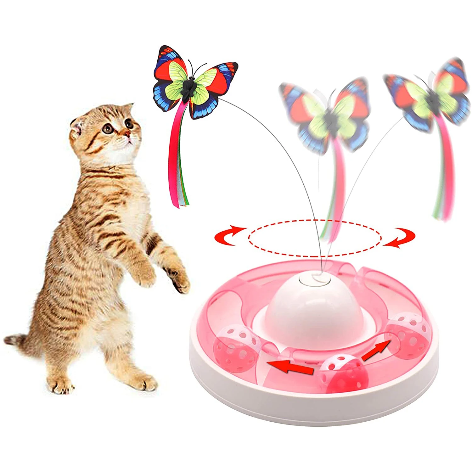 

Cat Interactive Toys Automatic Electronic Rotating Butterfly Toy With Roller Tracks Ball Kitten Hunting Toy Games, Grey/pink/blue