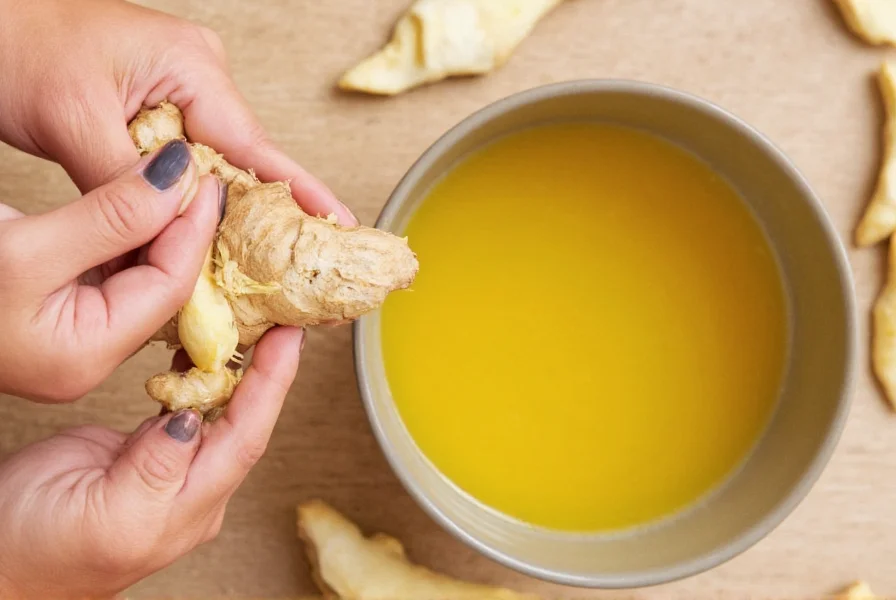Fresh ginger root being grated into boiling water for constipation relief tea