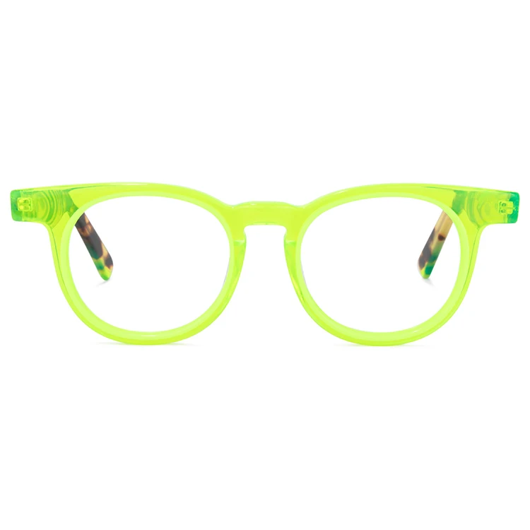 

2021 Trendy Eyeglasses Frames Bright Green Color Eyewear Round Acetate Optical Eyewear with Tortoise Temples Spring Hinge, Multi colors