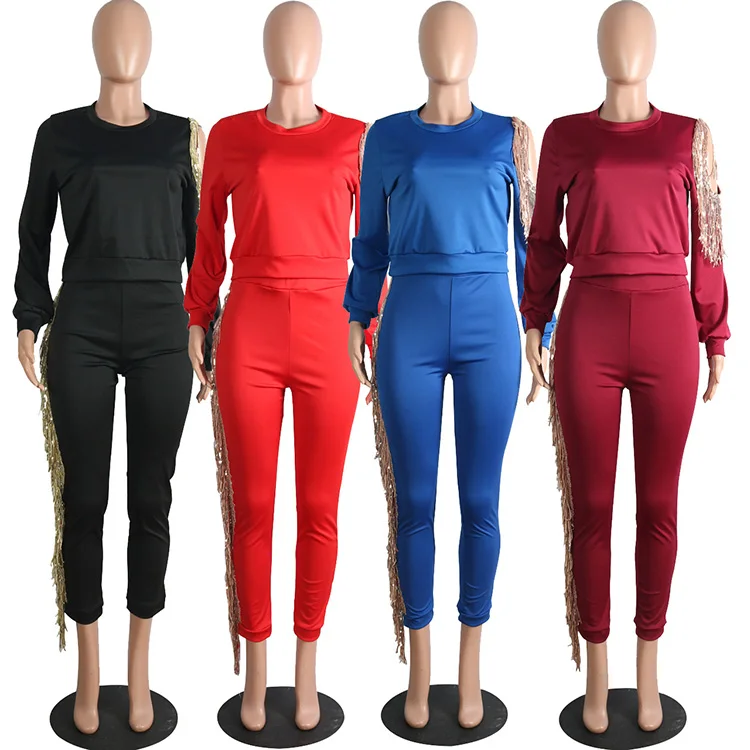 

Women open shoulder round neck tracksuit set with fringe, 4 colors