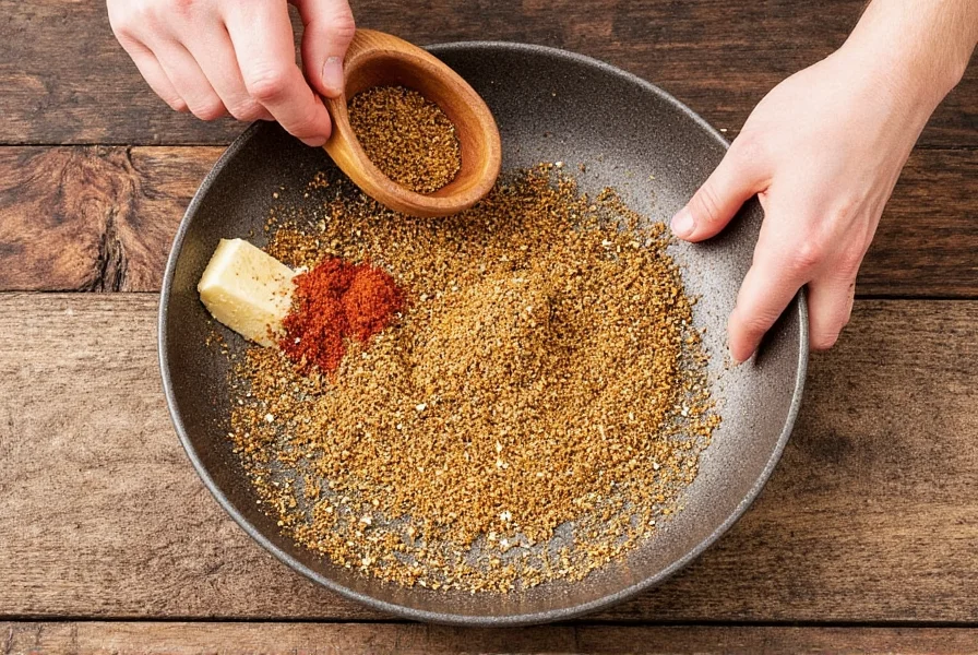 Chef adding spices to a pan with sizzling sound