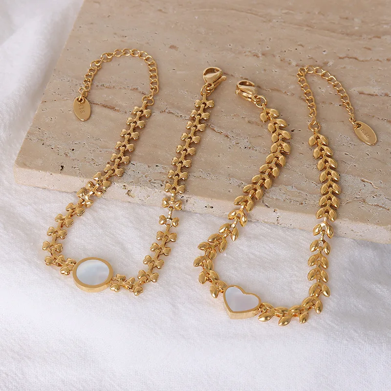 

Fashion Jewelry Simple 18K Gold Wheat Spike Heart Bracelet Chain Personalized Stainless Steel White Shell Bracelet For Women