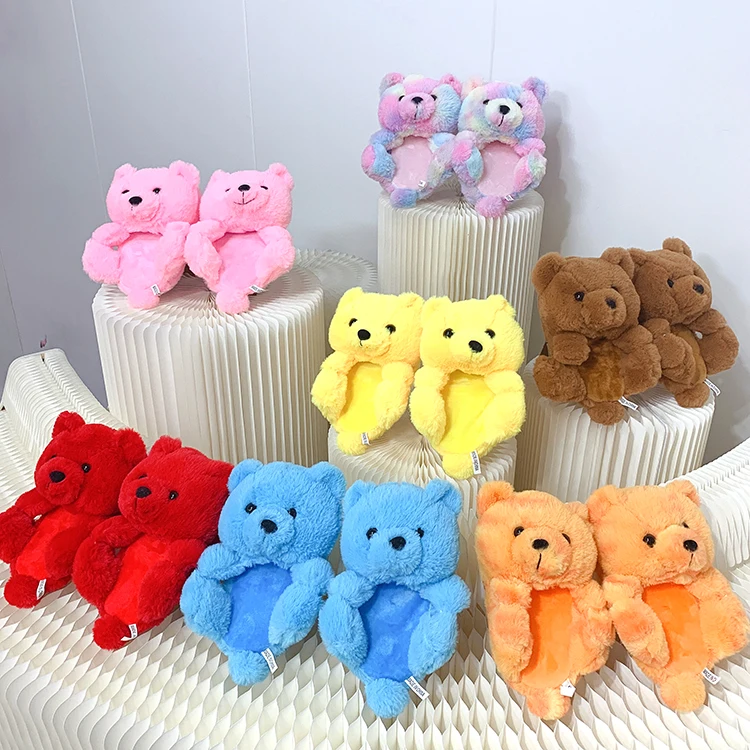 

2021 Lovely Soft Fur New Style House Rainbow Kids Plush Indoor Teddy Bear Animal House Slippers, Pink,blue,yellow,brown or as your request