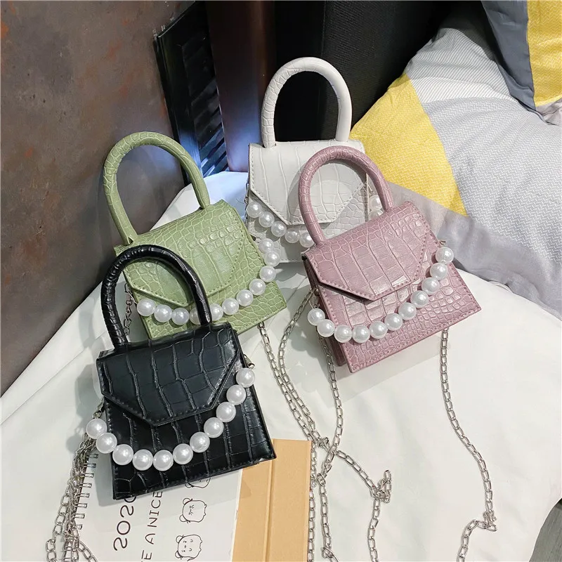 

2020 Mini Little Purse Summer Girls Cross Body Chain Bag Crocodile Pattern Pearl Square Handbag For Women, 12 colors