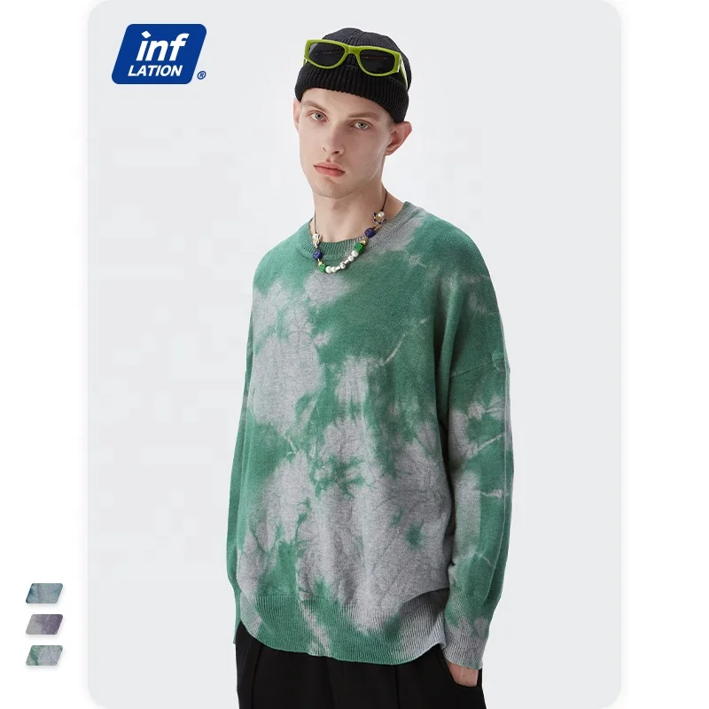 

Wholesale Men's Retro Tie-dye Sweater Hem Split Fashion Casual O-neck Unisex Winter Sweater, Purple, green, blue