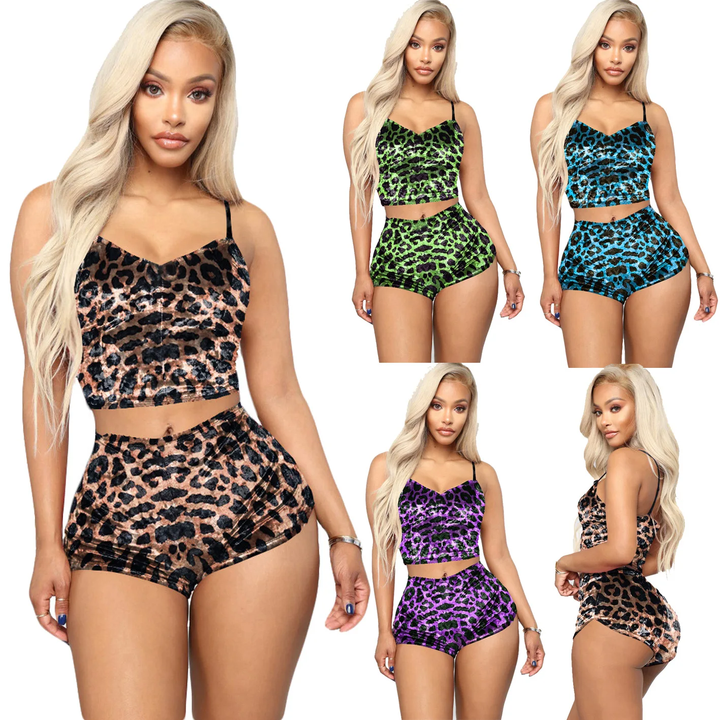 

New Sexy Velvet Stretch Lace Leopard Print Tie Dye Suspender Shorts Two Piece Suit Wholesale Women Two Piece pajama Set