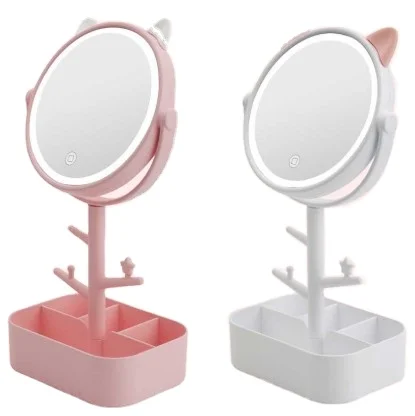 

Tabletop Cute Cat Shaped Pink Mirror Circular Girl Makeup Mirror With Earring Holder makeup organizer with mirror, White,pink