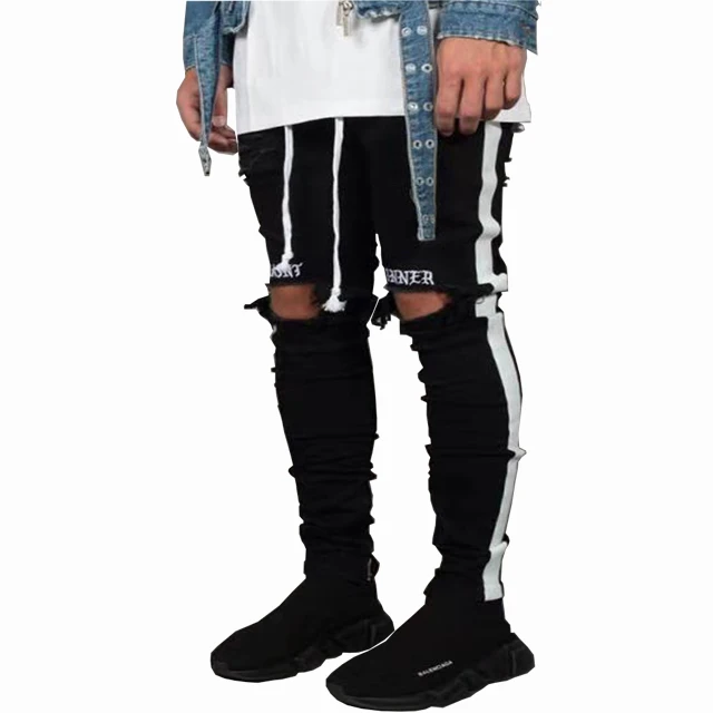 

Wholesale Ripped 2020 Side Stripes Pants Skinny Biker Mens Jeans, Black