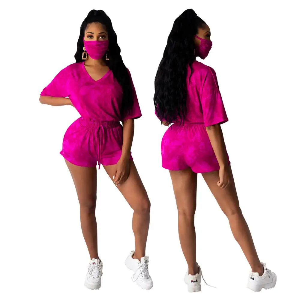 

2020 New style women clothing solid color elastic waist mature slim tops clubwear shorts set with face cover, As pictures