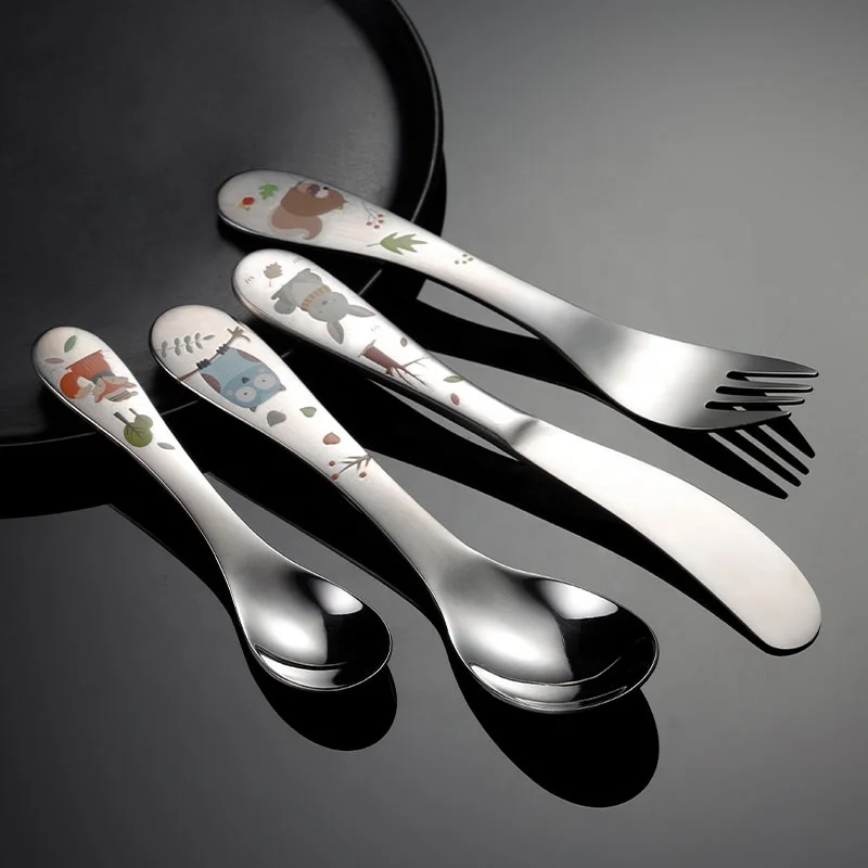 

Factory price food grade stainless steel kids baby self feeding spoon cutlery set children baby cutlery