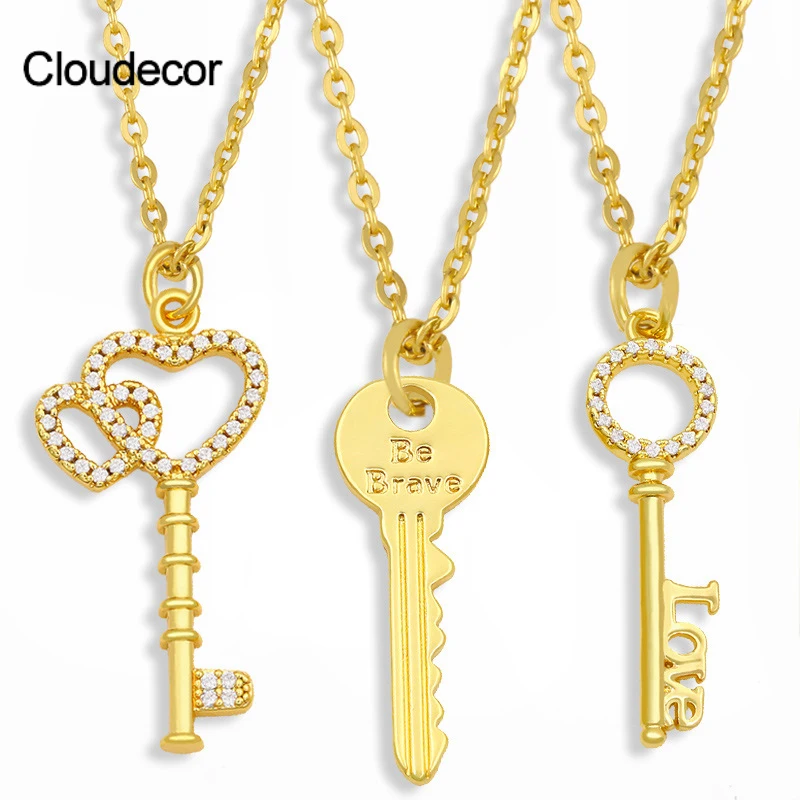 

Diamond Heart Shape Key Pendant Necklace Womens Trendy Gold Plated Necklace Love Key And Heart CZ Jewelry Hot Selling, 18k gold plated