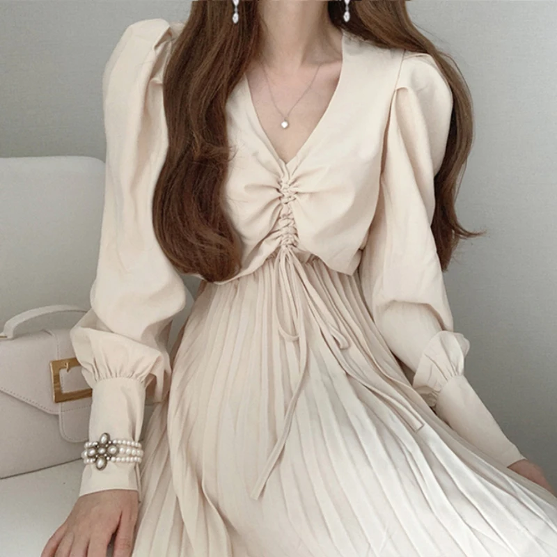 

Wholesale 2021 Spring and Summer Korean Pleated High Waist Puff Sleeve Dress Retro Elegant Temperament Gentle Style Female Dress