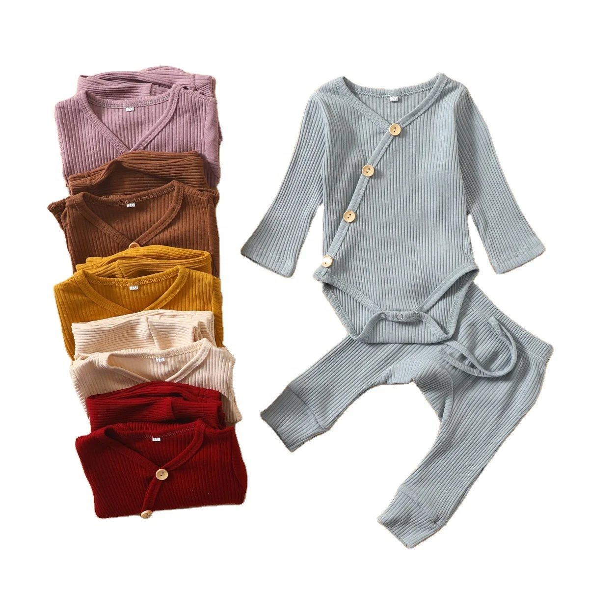

Infant Toddler Boys Girls Solid Color Ribbed Cotton Kimono Romper Drawstring Pants Pajama Set Baby Essentials Lounge Wear Suits, Photo showed and customized color