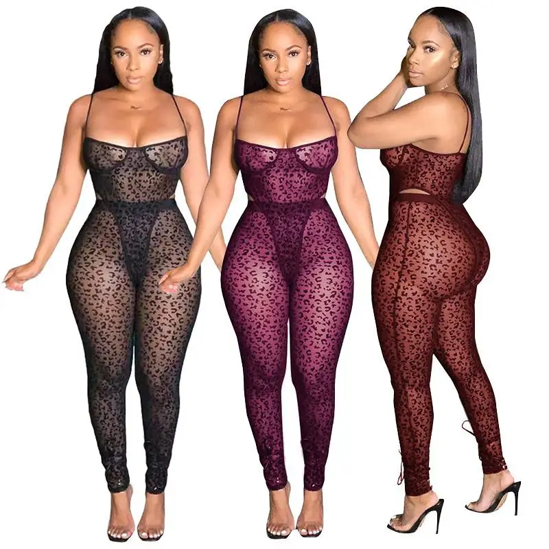 

AliExpress Amazon new European American women gauze see-through sexy jumpsuit 2 pieces set women XS-2XL sexy mesh jumpsuit