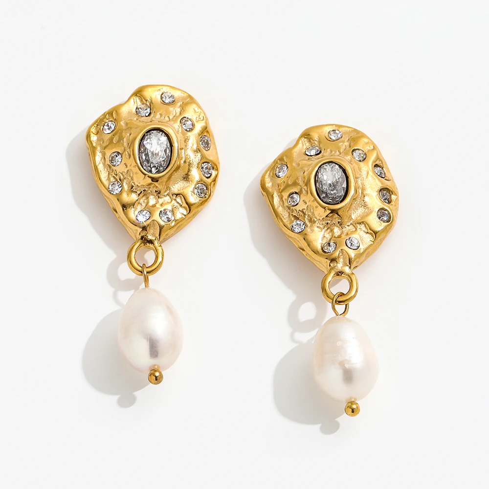 

Trendy Earring 18K Gold Plated Zirconia Pave Fresh Water Pearl Pendant Stud Earring Stainless Steel Earrings Wholesale