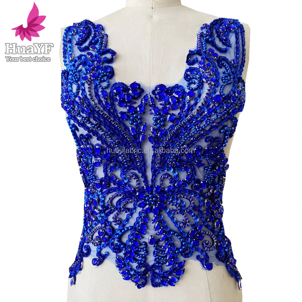 

HY2401 Royal blue good-quality handmade bodice lace appliques rhinestone decorated applique