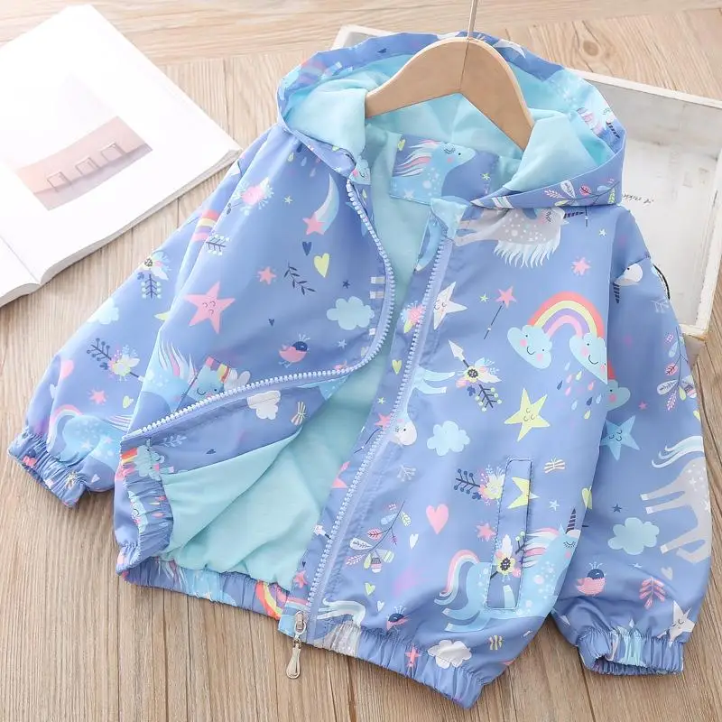 

Kids Girls Long Sleeve Windbreaker Print Jacket Cartoon Hooded Blue Color Jackets Fahion Outerwear for 2-7years Old, As picture