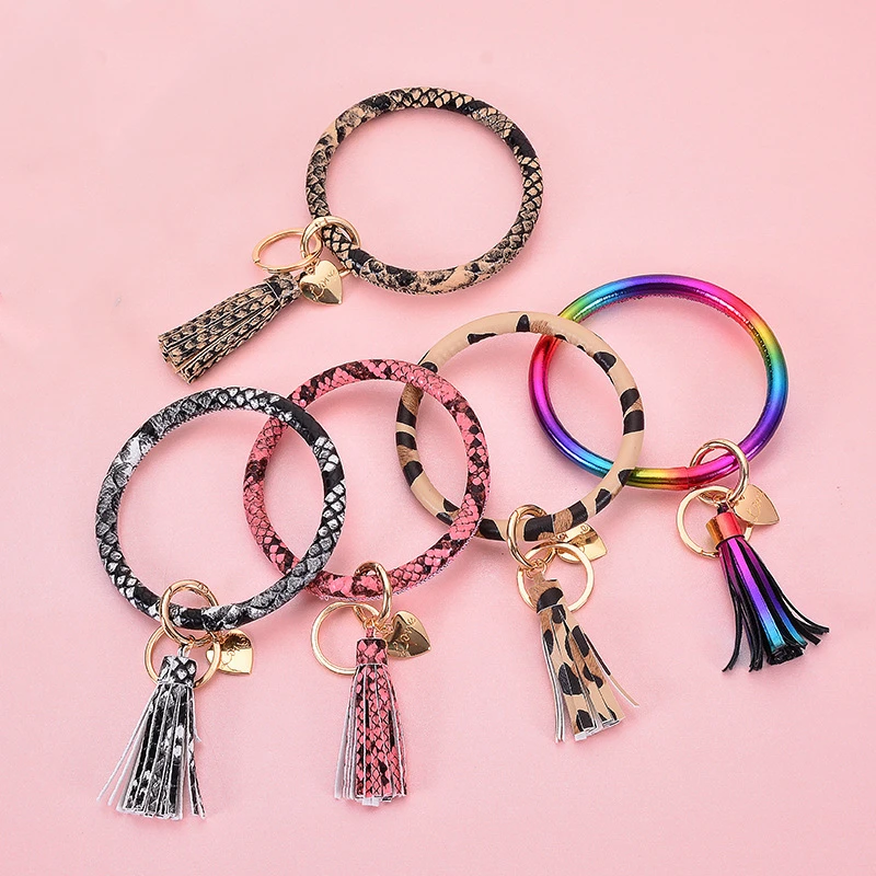B1079 Women Girl PU Leather Circle Tassel Wristlet Wrist Strap Bracelet O Key Ring Bracelet With Keychain