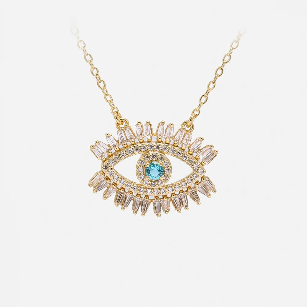 

Wholesale Women Fashion Accessories Korean Gold Plated Colored Zirconia Blue Devil Eyes Brass Pendant Jewellery Necklace