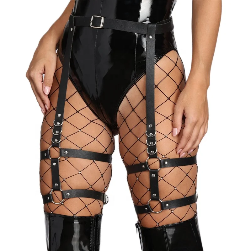 

High Waist Leather Leg harness Belt Erotic Goth Lingerie Cage Suspender Belt Bondage Harness Gothic Punk Style Garter Fetish, Black